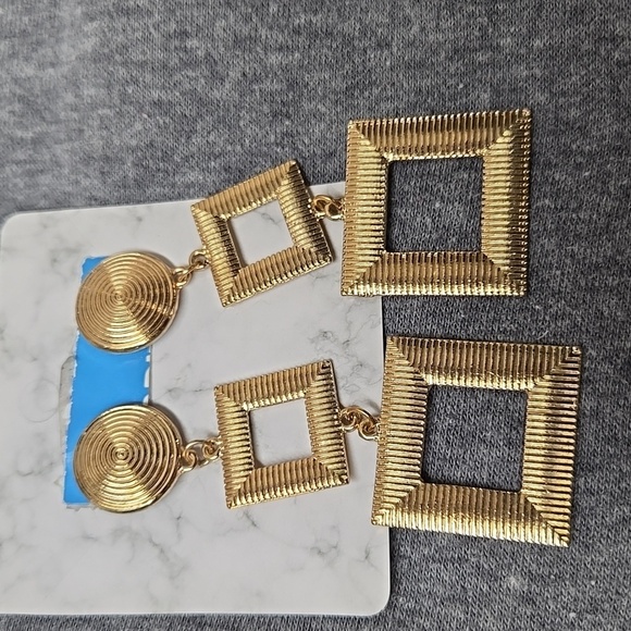 Gold Tone Geometric Drop Earrings - Picture 2 of 7